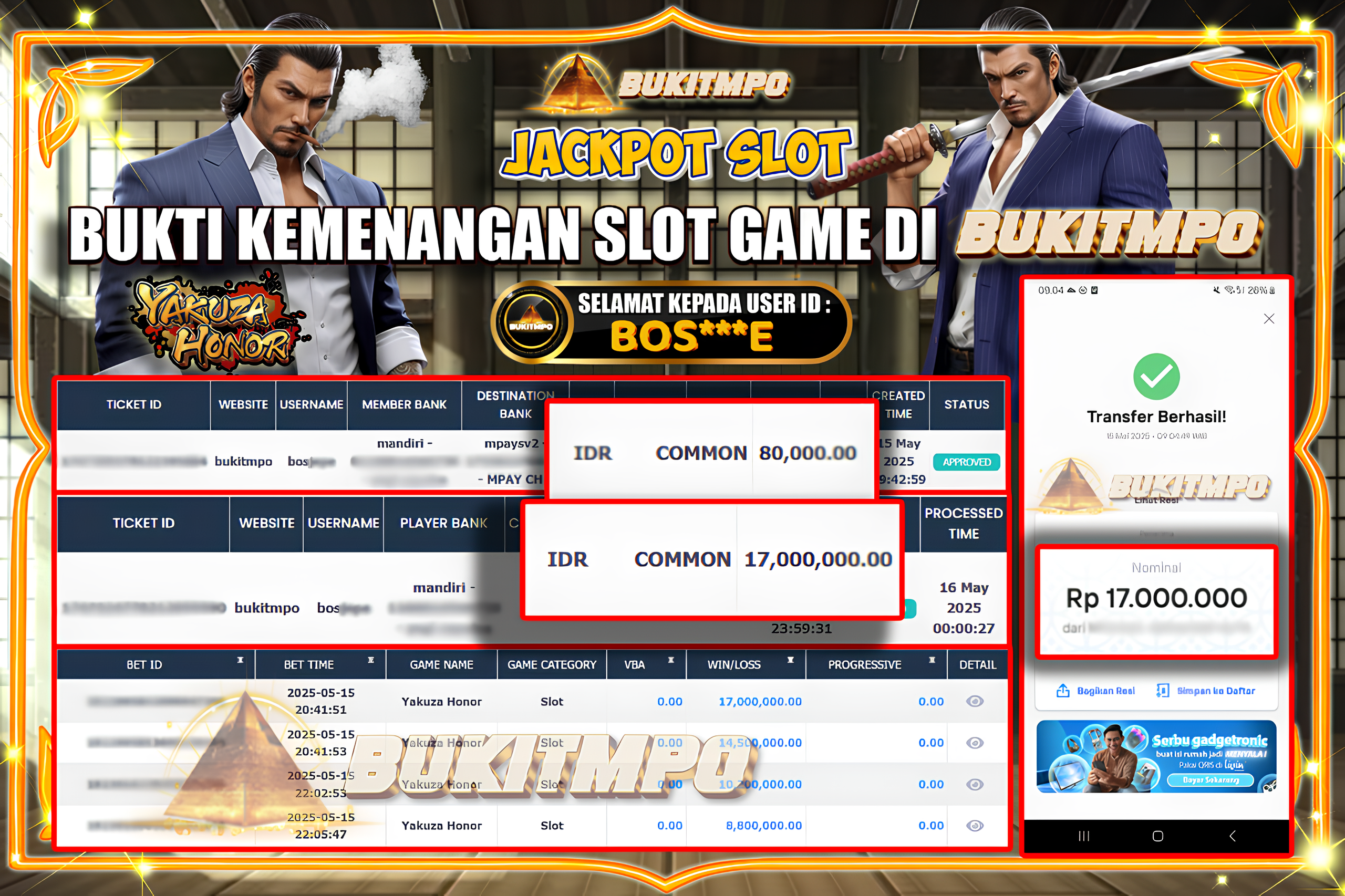 BUKITMPO JACKPOT SLOT Yakuza Honor Rp.17.000.000,- LUNAS